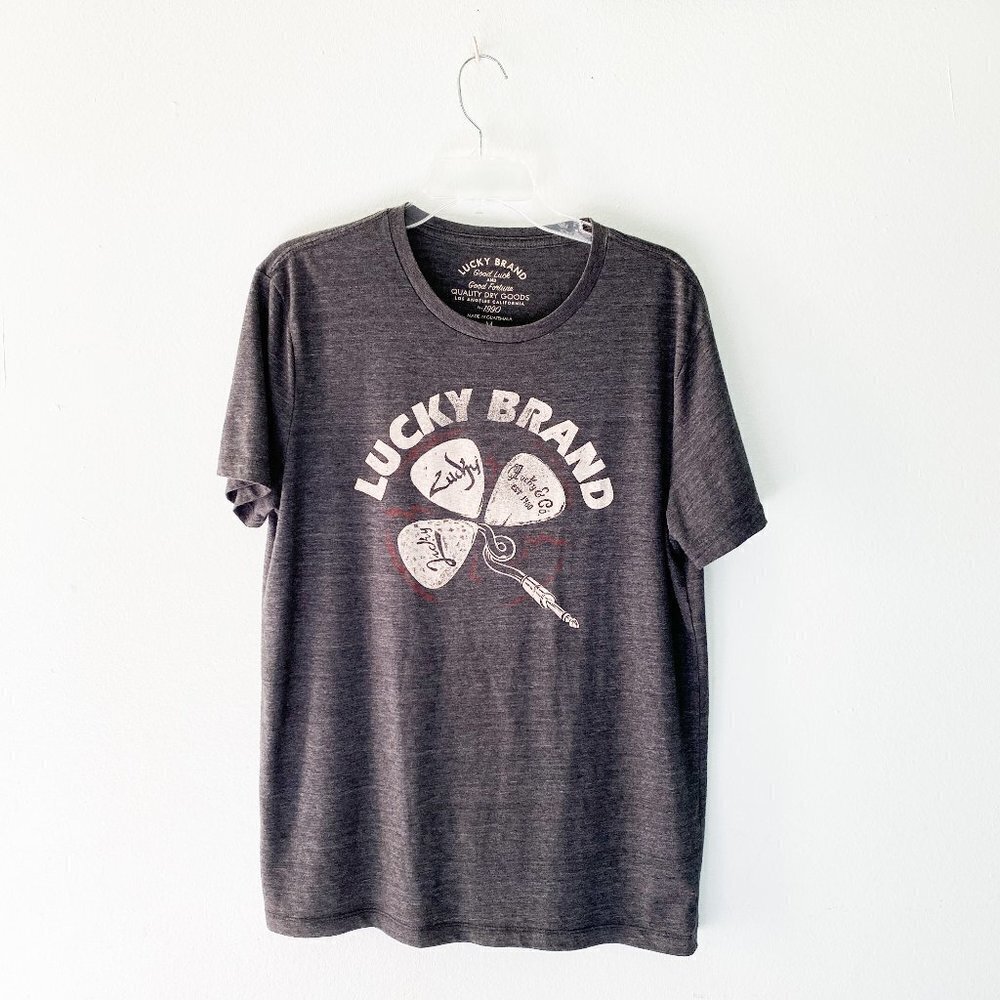 ☀️ MEN'S LUCKY BRAND Guitar Pick Graphic Burnout Tee Gray Medium Casual Everyday